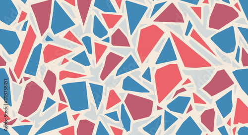 A colorful abstract geometric mosaic pattern with shattered shards of coral and blue arranged on a cream background.