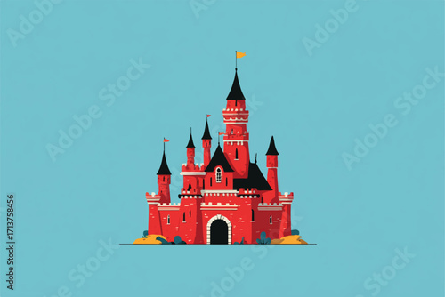 Majestic red castle illustration against blue sky creating a magical fairy tale kingdom scene evoking childhood dreams and fantasy worlds