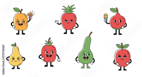 A vibrant collection of cartoon fruits with smiling faces and expressive eyes.