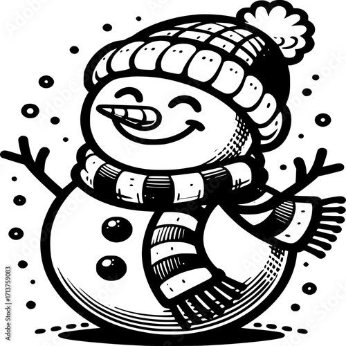 Smiling Snowman in Winter Wonderland: A cute snowman sporting a hat, scarf, and an ear-to-ear grin. The scene is completed with falling snowflakes.