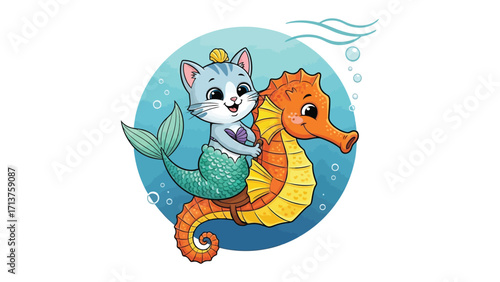 Mermaid Cat on Seahorse: A whimsical illustration of a mermaid cat riding a seahorse through underwater world with the friendly creature, playful bubbles.