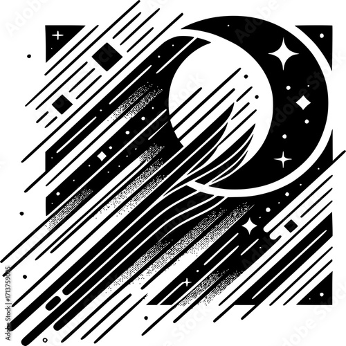 Celestial Symphony: An artistic black and white illustration of a celestial scene, depicting the moon, stars, and dynamic streaks against a dark background, representing the universe's vastness.