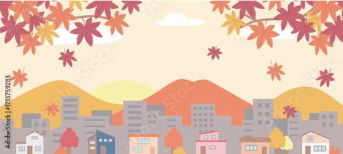 紅葉と街並みのイラスト