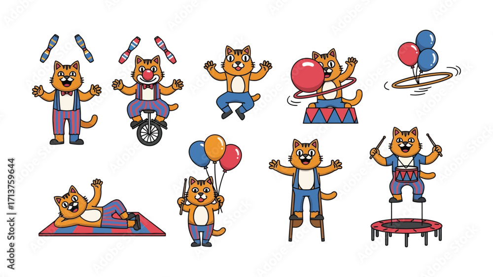 Fototapeta premium Circus Cats and Their Adventures: Delightful illustration capturing a series of playful circus cats performing an array of acts, juggling, balancing, and entertaining with lively energy.