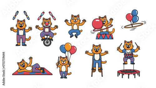Circus Cats and Their Adventures: Delightful illustration capturing a series of playful circus cats performing an array of acts, juggling, balancing, and entertaining with lively energy.