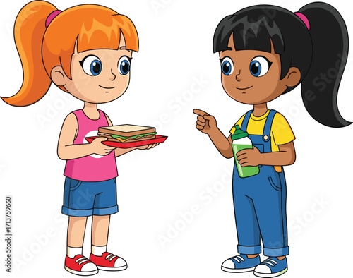 Two Happy Girls Sharing Food and Drink, Cartoon Kids Eating Together, Friendship and Lunch Time Concept, Colorful Vector Illustration for Children
