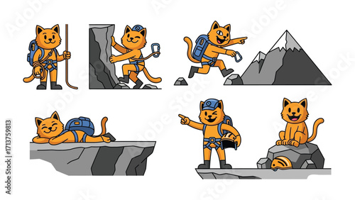 Adventurous Cat's Expedition: A whimsical illustration depicts a fearless cat conquering various terrains. Equipped with hiking gear.