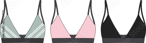 Set of three women's bralettes with thin straps and V-neckline, in various colors, vector illustration for lingerie and apparel design.