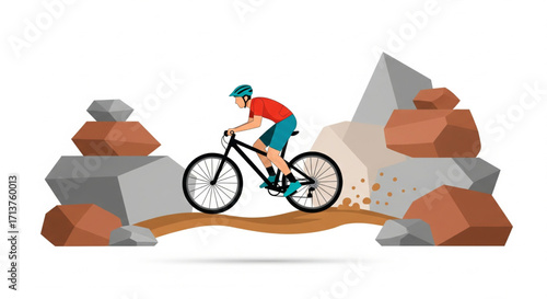A cyclist rides a mountain bike on a dirt path surrounded by rocks.