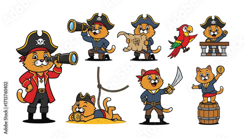 Pirate Cat's Treasure: A collection of cartoon illustrations depicts an adorable feline character dressed as a pirate, engaging in various adventurous activities.