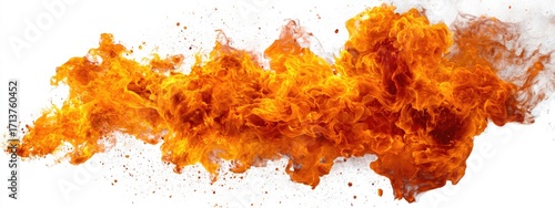 Fiery orange and yellow flames burst and spread across a white background, with small embers scattered around