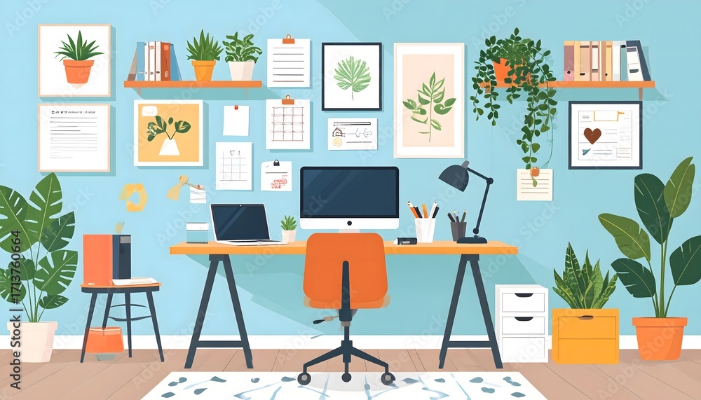 Fototapeta premium Modern Home Office Setup with Desk Computer Laptop Chair Plants and Wall Art Ideal for Remote Work Study and Creative Space