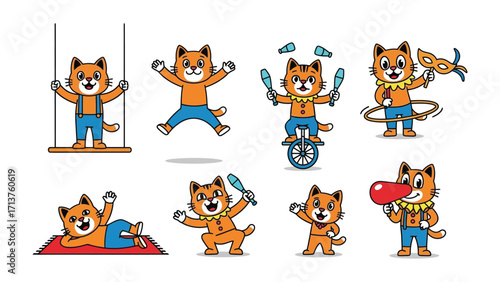 Playful Circus Cat's Show: A collection of playful circus cat illustrations, each depicting a different circus act, showcasing the vibrant and joyful world of entertainment.