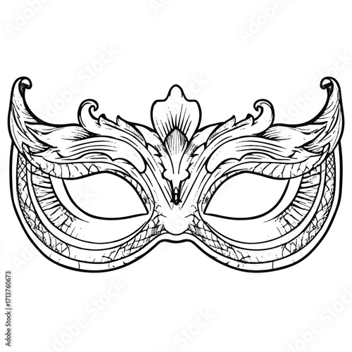 Ornate Venetian Masquerade Mask with Intricate Floral Details and Elegant Design Line Art on White Background