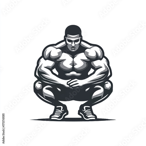 Powerful bodybuilder in squat position with intense focus preparing for workout session demonstration