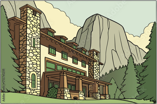 Ahwahnee Hotel in Yosemite National Park, California, rustic stone-and-timber lodge amid granite cliffs