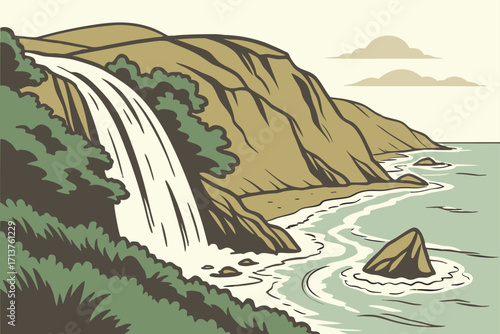 Alamere Falls in Point Reyes, California, rare tidefall waterfall dropping directly into the Pacific Ocean