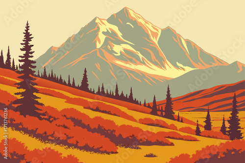Alaska Denali National Park Meadows, tundra fields glowing red and gold under towering peak