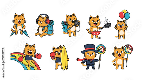Cat Adventure: Cartoon cats indulge in various adventures, expressing delight in everyday moments, perfect for a lighthearted and fun project.