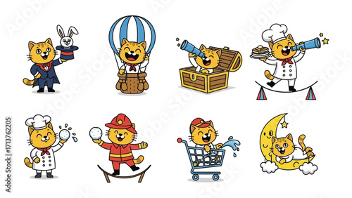 Whimsical Cat Adventures: A collection of cartoon illustrations featuring a cheerful cat in various adventurous scenarios, showcasing its versatility and charm in a vibrant and playful style.