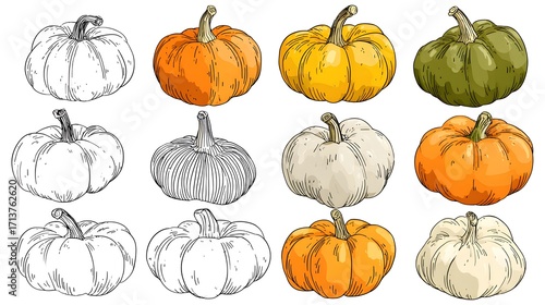 A set of pumpkin designs, outlined in black and filled with color. A charming hand-drawn pumpkin vector collection on a white background.