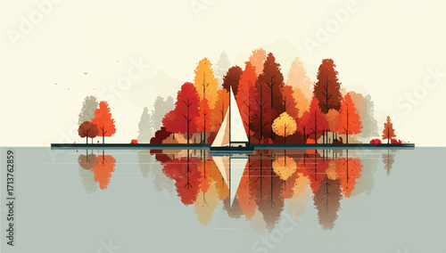 Sailboat on a serene lake surrounded by colorful autumn trees creating a peaceful and scenic view