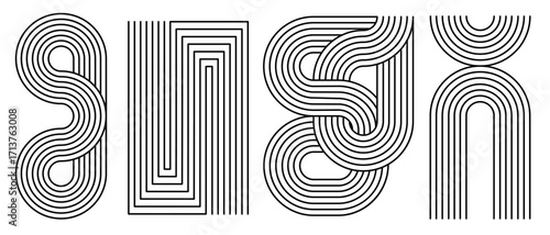 Line rainbow arch geometric patterns with curved stripes, rectangular frames and wavy forms for minimalist design. Abstract monochrome shapes with parallel lines and flowing arcs for modern prints.