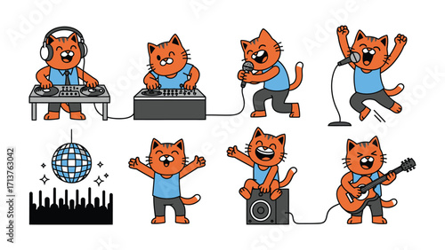Cat Band Performance : An engaging illustration capturing a vibrant musical band, comprised of a playful cartoon cat showcasing various talents with musical instruments. 