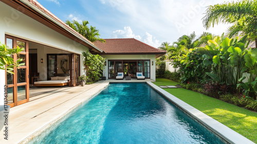 Wallpaper Mural Minimalist tropical villa with pool and garden, embodying serene simplicity and harmony Torontodigital.ca