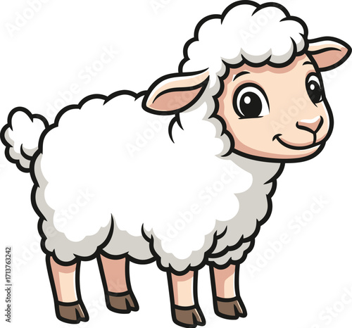 Cute cartoon sheep with fluffy wool smiling warmly