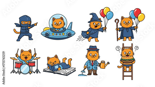 Whimsical Cat Collection: A charming compilation of cartoon cats showcasing a range of professions and scenarios, each cat exudes a unique persona. 