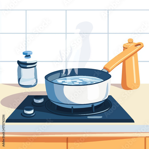 Boiling water in a pan on a stove top ready for cooking.