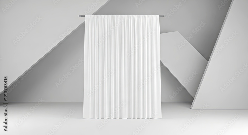 Fototapeta premium Abstract Geometric Blank Curtain Panel Mockup in a Gallery Setting