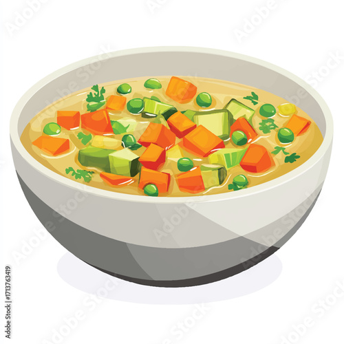 Bowl of Vegetable Soup with Carrots Peas and Zucchin