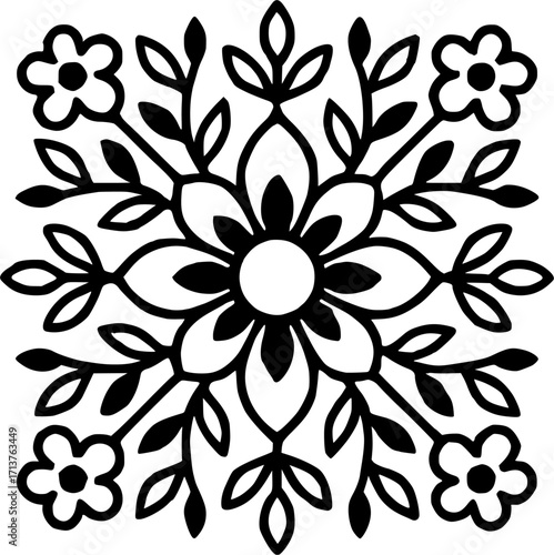 Intricate Black and White Floral Mandala Design | Symmetrical Mehndi-Inspired Art | Detailed Geometric Patterns for Coloring Books and Tattoos	
