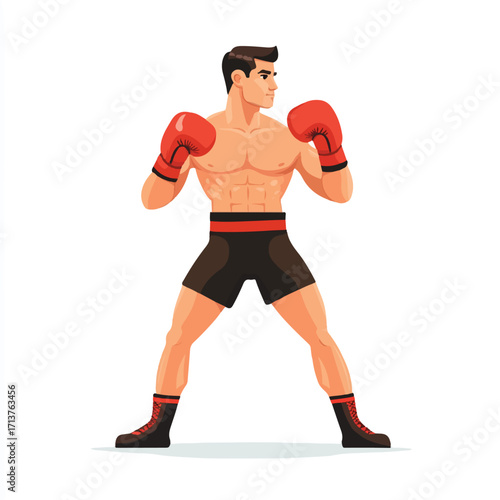 Boxer in stance ready to fight with red gloves and shorts