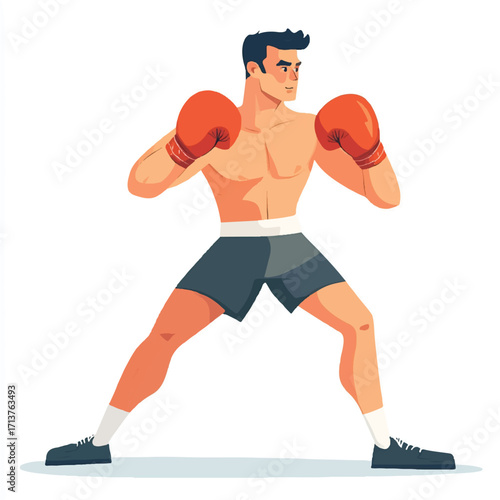Boxer in fighting stance with red gloves and dark shorts