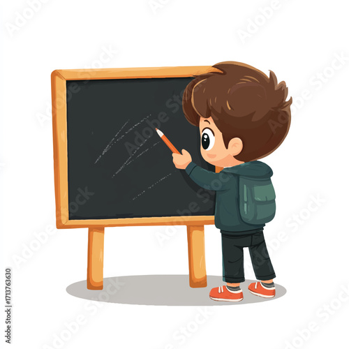Boy with Backpack Drawing on Chalkboard in Classroom.