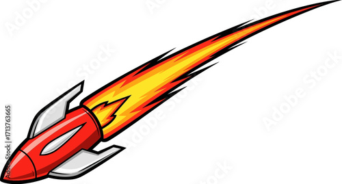 Retro rocket blasting through the sky with fiery exhaust trail
