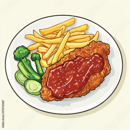 Breaded cutlet with fries and broccoli.