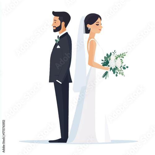 Bride and groom standing back to back on their wedding day