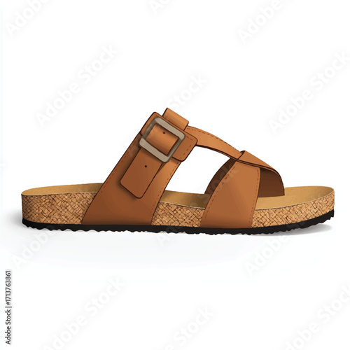  Brown leather sandal with buckle and cork sole for casual wear.
