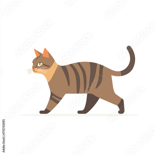 Brown Striped Cat Walking with Focused Expression.