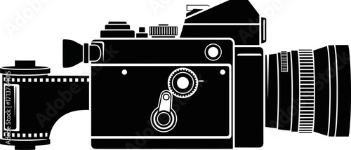 Classic film camera with exposed roll of film, symbolizing photography history and creativity.