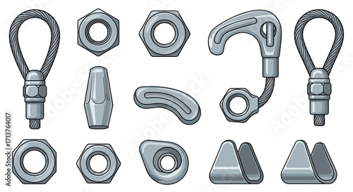 Various fasteners and hardware components including nuts, bolts, and eye screws illustrated 