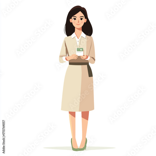  Business professional woman in beige dress.