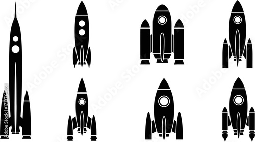 Collection of diverse rocket ship silhouettes against a white background, symbolizing space exploration and innovation.