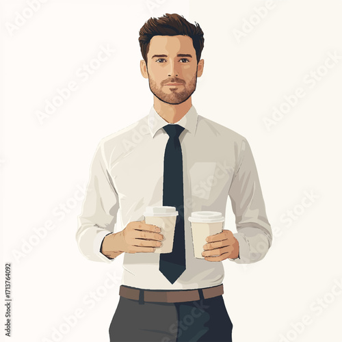 Businessman holding coffee cups professional attire focused