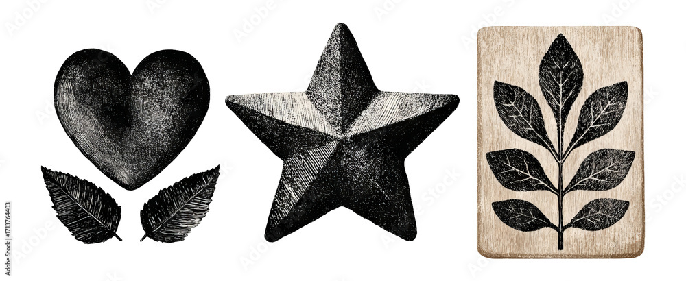 Obraz premium Isolated Heart, Star, and Leaf Illustrations on Transparent Background