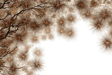 Abstract artwork featuring stylized, bronze-toned starbursts clustered around dark, spindly branches against a white background, creating a corner border design